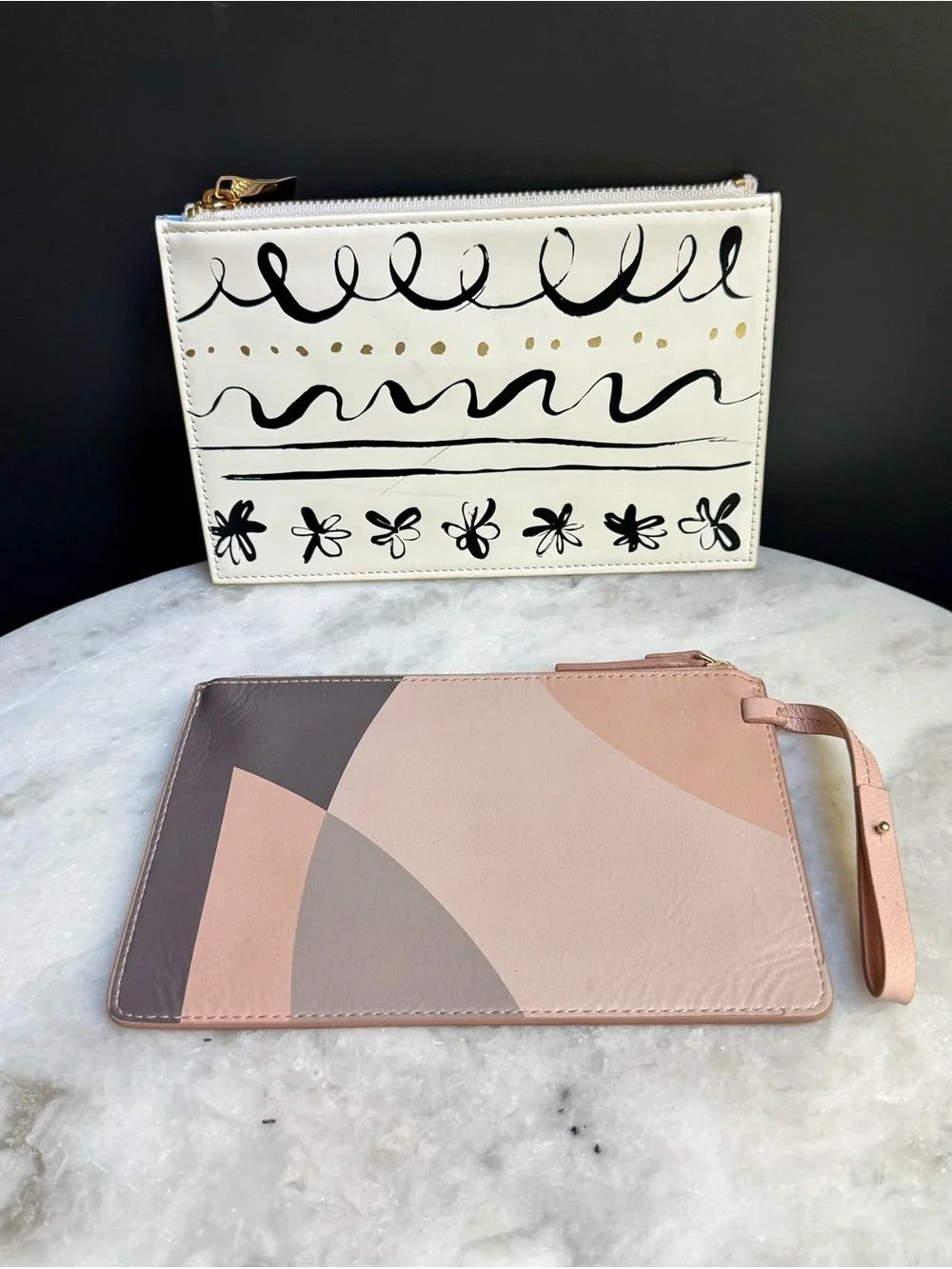 Kate Spade Zip Pouch Set of 2 - Geometric Leather Wristlet & Printed Clutch